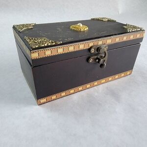 Vintage Style Wooden Jewelry Box Brass Filigree Faux Pearl Velvet Lined Brown